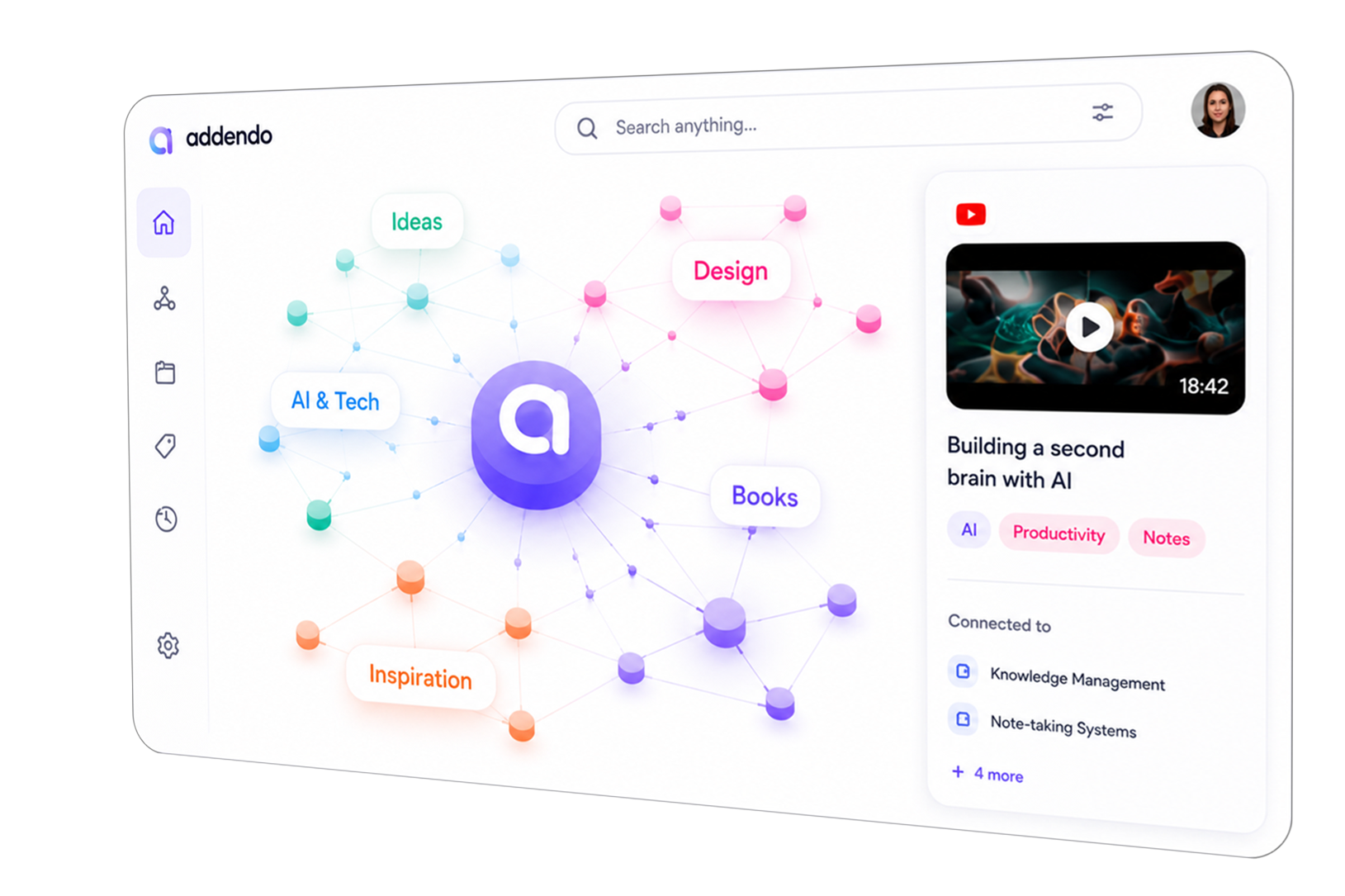 Addendo app preview showing a connected knowledge graph and saved video card
