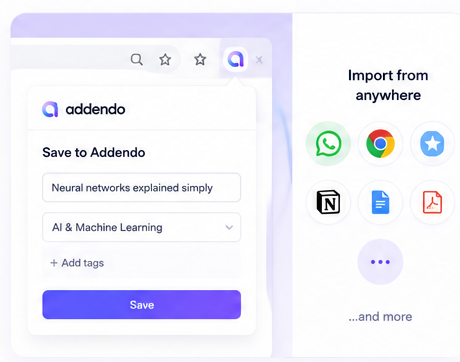 Browser plugin saving a link and an import panel showing content can be imported from many places.